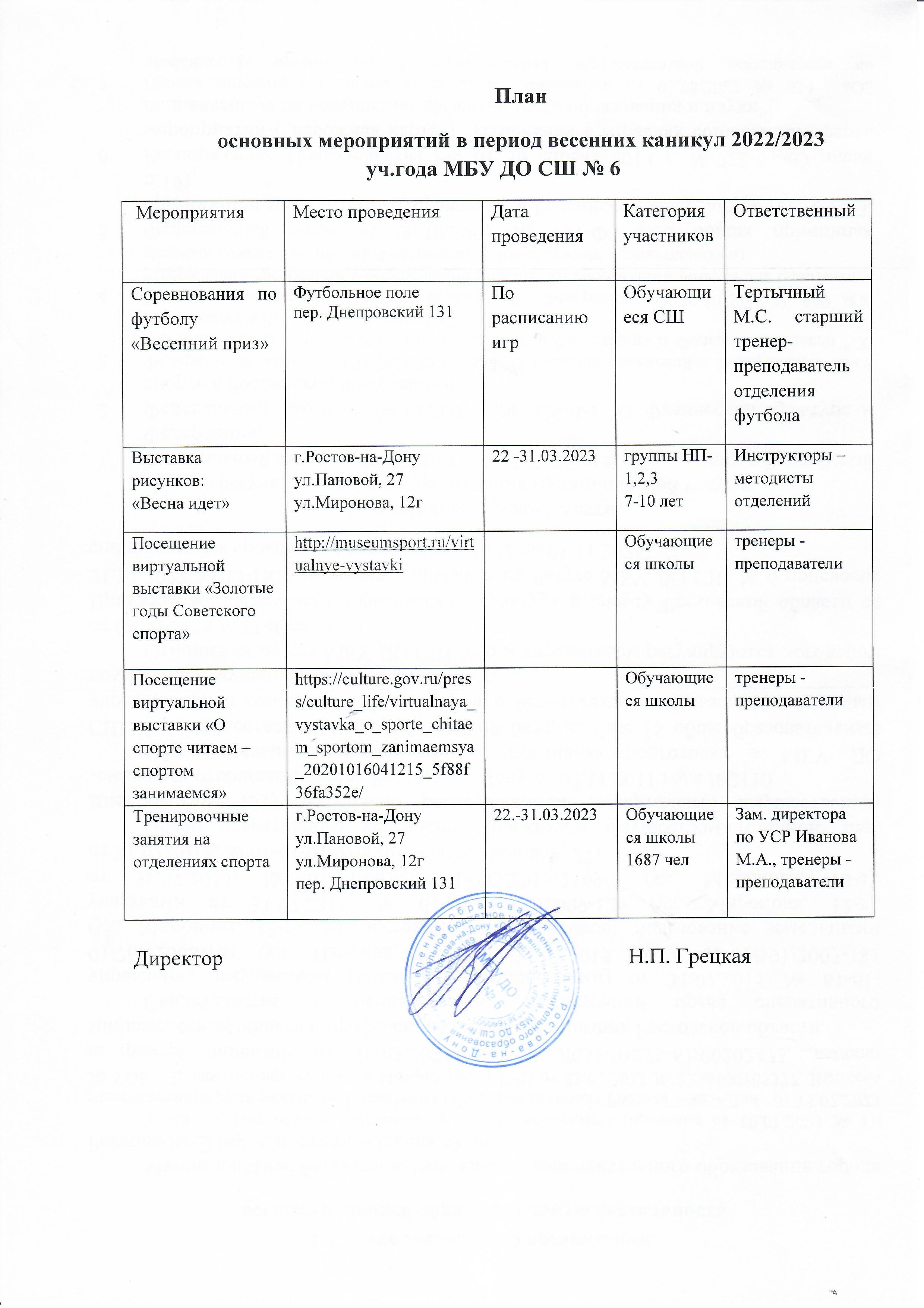 план мероприятий на весенние каникулы 2023